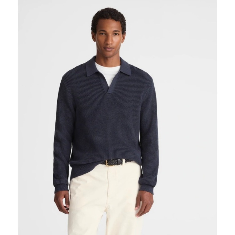 Madewell Mens Navy Blue Ribbed Cotton Long Sleeve Sweater Polo Medium NWT